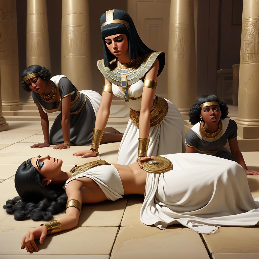  cleopatra fainted and lay unconscious on the floor, and two black maids bent over her and try to bring her to her senses.