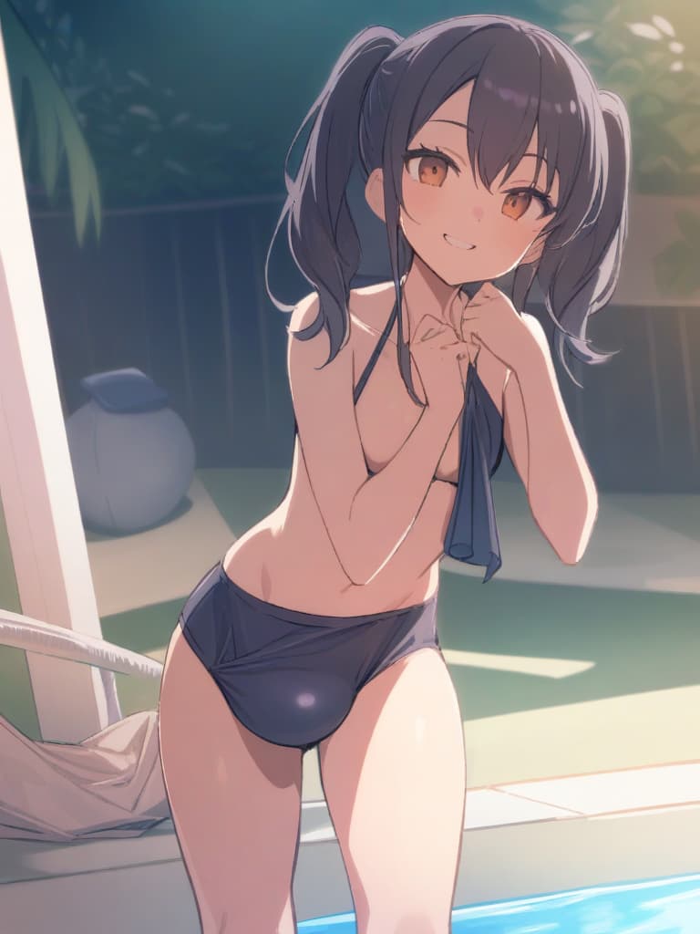  women's elementary students (male), twin tails, cute smiles, (rich s), low stature, dark blue swimwear, old swimwear, , simple (upward), male , (bulge), shaped clear , front , whole body, pool side,