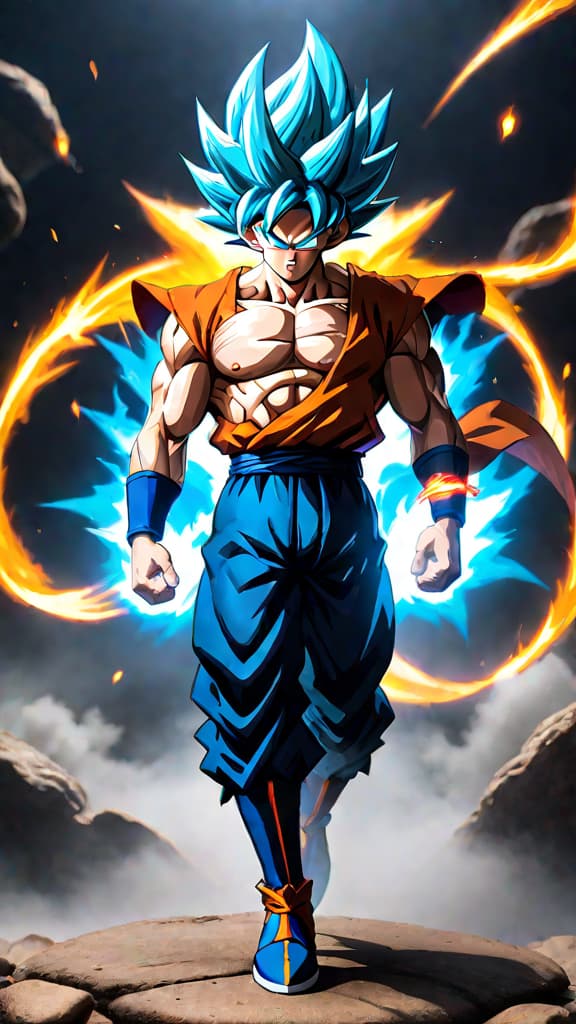  anime art of goku's evolving power: fusion of ultra instinct with super saiyan blue, revealing new forms. hyperrealistic, full body, detailed clothing, highly detailed, cinematic lighting, stunningly beautiful, intricate, sharp focus, f/1. 8, 85mm, (centered image composition), (professionally color graded), ((bright soft diffused light)), volumetric fog, trending on instagram, trending on tumblr, HDR 4K, 8K