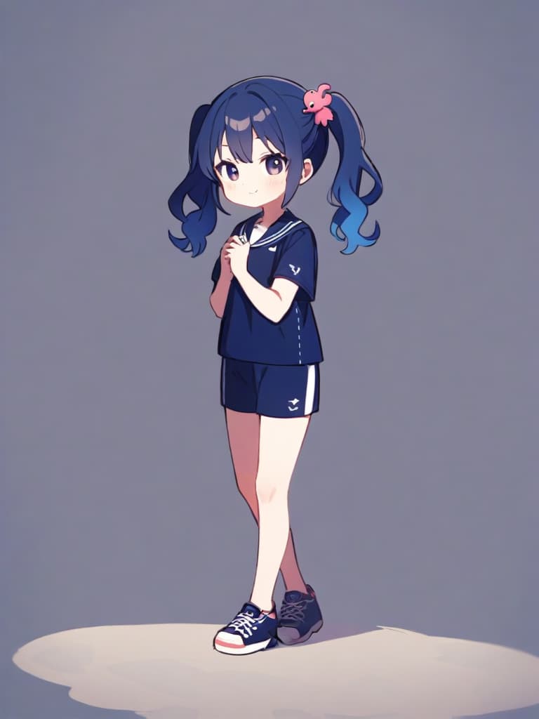  junior s, twin tails, cute smiles, navy blue, dark blue swimwear, dark blue , octopus (male ), whole body,