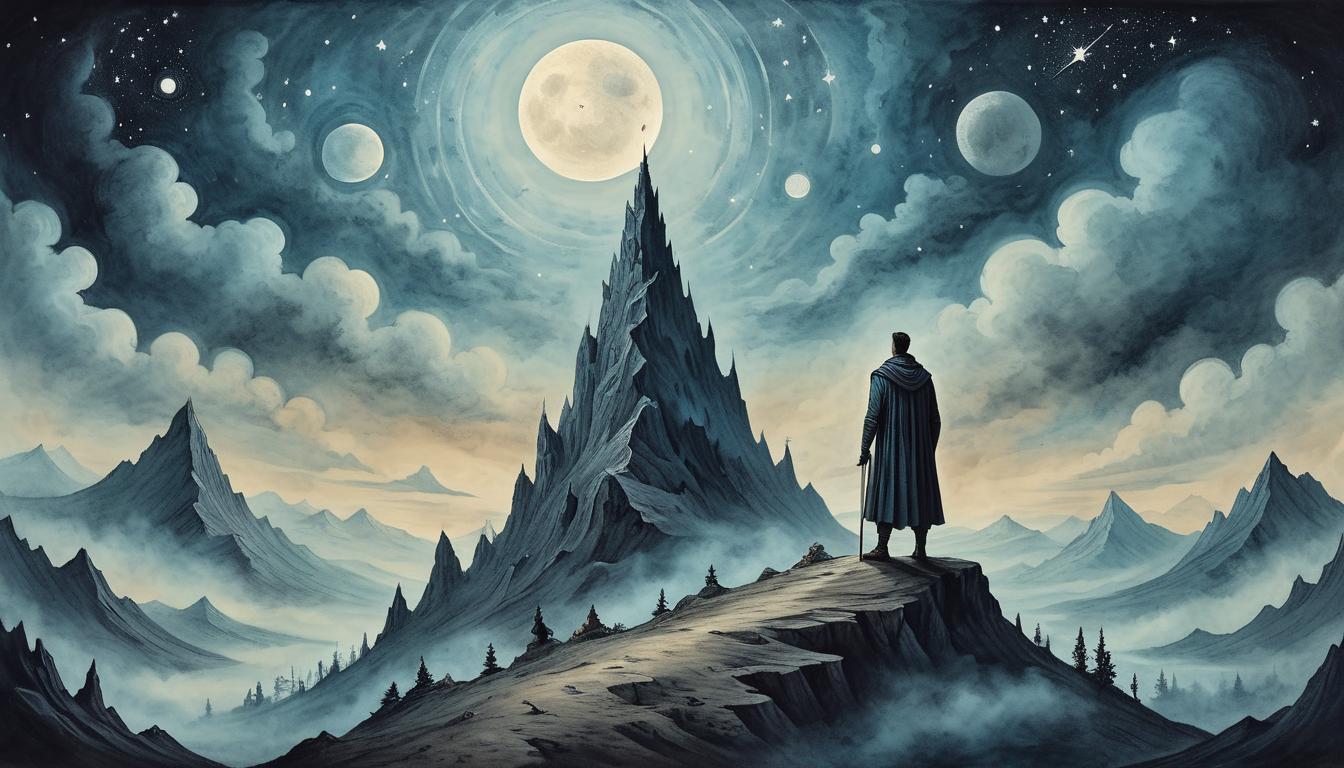  on parchment, surrealism+++, a figure standing tall under a night sky, eyes fixed on a distant peak, unwavering determination, unfaltering gaze, cosmic ambition(mysterious, provocative, symbolic,muted color)+++