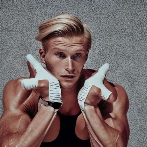 portrait+ style USSR queer fitness trainer blonde hunk dude face