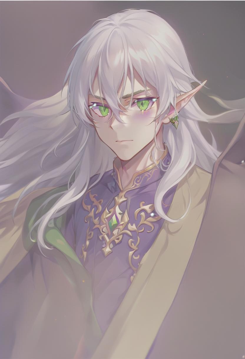  anime artwork man, elf, long white hair, green eyes, purple clothes . anime style, key visual, vibrant, studio anime, highly detailed, sticker