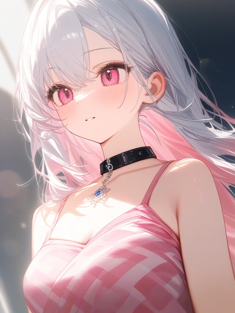  girls, white hair, pink, pink gradation hair color, cute face, pink eyes, straight hair, thin body, red polka dot dress, black collar, masterpiece, best quality,8k,ultra detailed,high resolution,an extremely delicate and beautiful,hyper detail