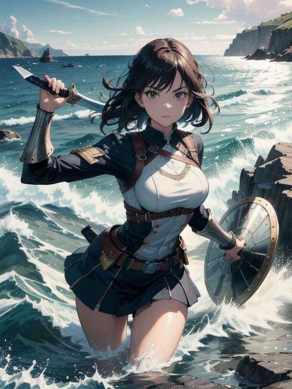  master piece, best quality, ultra detailed, highres, 4k.8k, female hero., standing tall, ready for battle, holding a shield and a sword., confident and determined expression., break a hero defending the water., a rocky shoreline., shield, sword, waves, and rocks., break serene yet powerful atmosphere by the water's edge., sunlight reflecting off the water, creating a strong and dynamic effect.,