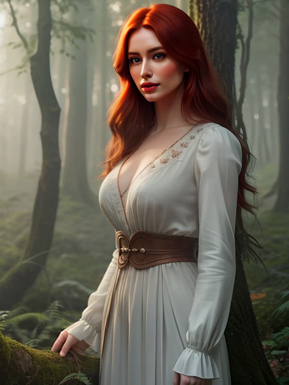  A reddish haired beautiful in a fairy tale forest, portrait above waist. hyperrealistic, full body, detailed clothing, highly detailed, cinematic lighting, stunningly beautiful, intricate, sharp focus, f/1. 8, 85mm, (centered image composition), (professionally color graded), ((bright soft diffused light)), volumetric fog, trending on instagram, trending on tumblr, HDR 4K, 8K