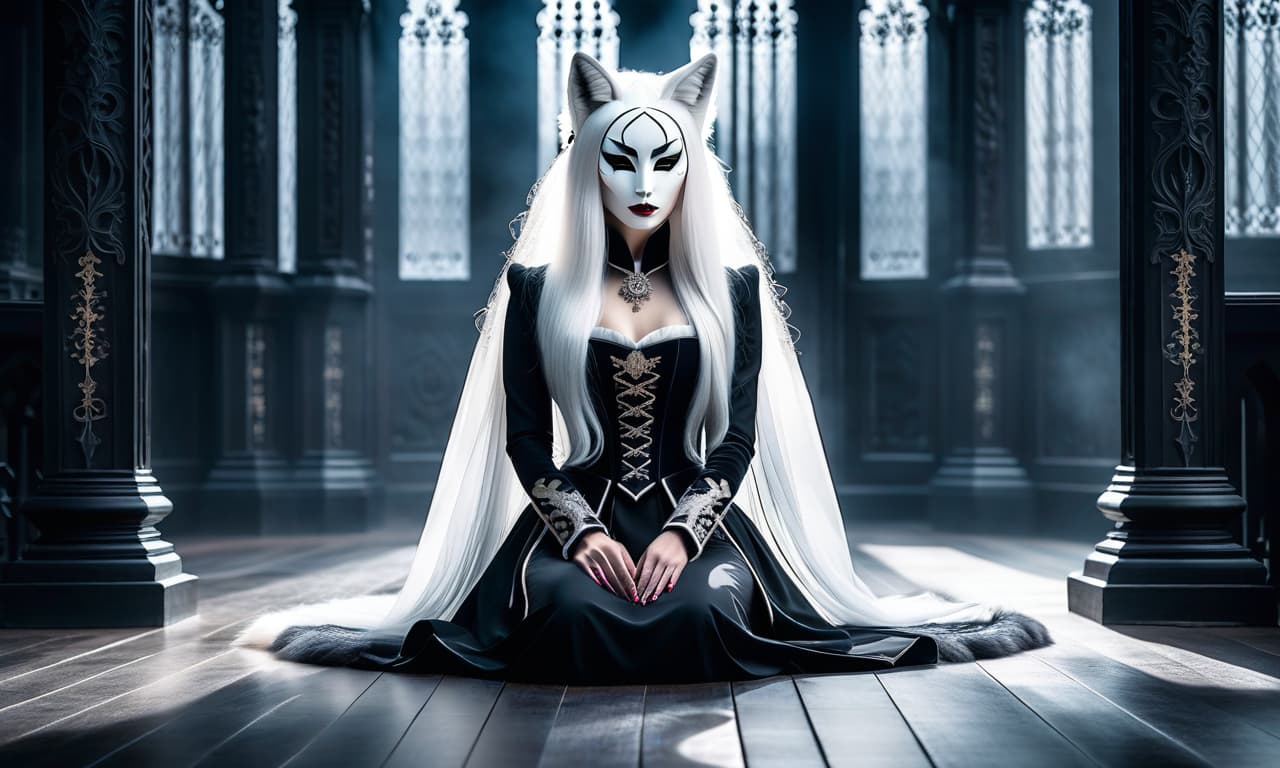  gothic style monochrome, simple image, phantom, ghostly face of a fox girl with long snow white hair, a kumiho mask on the floor of the face . dark, mysterious, haunting, dramatic, ornate, detailed hyperrealistic, full body, detailed clothing, highly detailed, cinematic lighting, stunningly beautiful, intricate, sharp focus, f/1. 8, 85mm, (centered image composition), (professionally color graded), ((bright soft diffused light)), volumetric fog, trending on instagram, trending on tumblr, HDR 4K, 8K