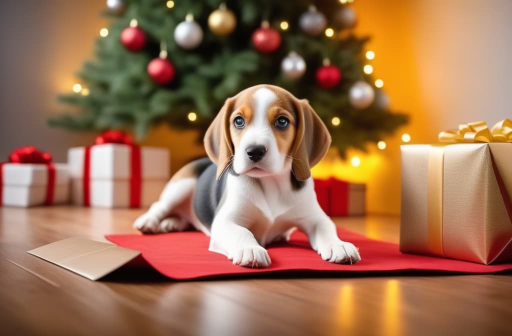  Beagle dog puppy picks out a box of a beautifully wrapped gift against the background of a New Year tree ar 3:2 high quality, detailed intricate insanely detailed, flattering light, RAW photo, photography, photorealistic, ultra detailed, depth of field, 8k resolution , detailed background, f1.4, sharpened focus