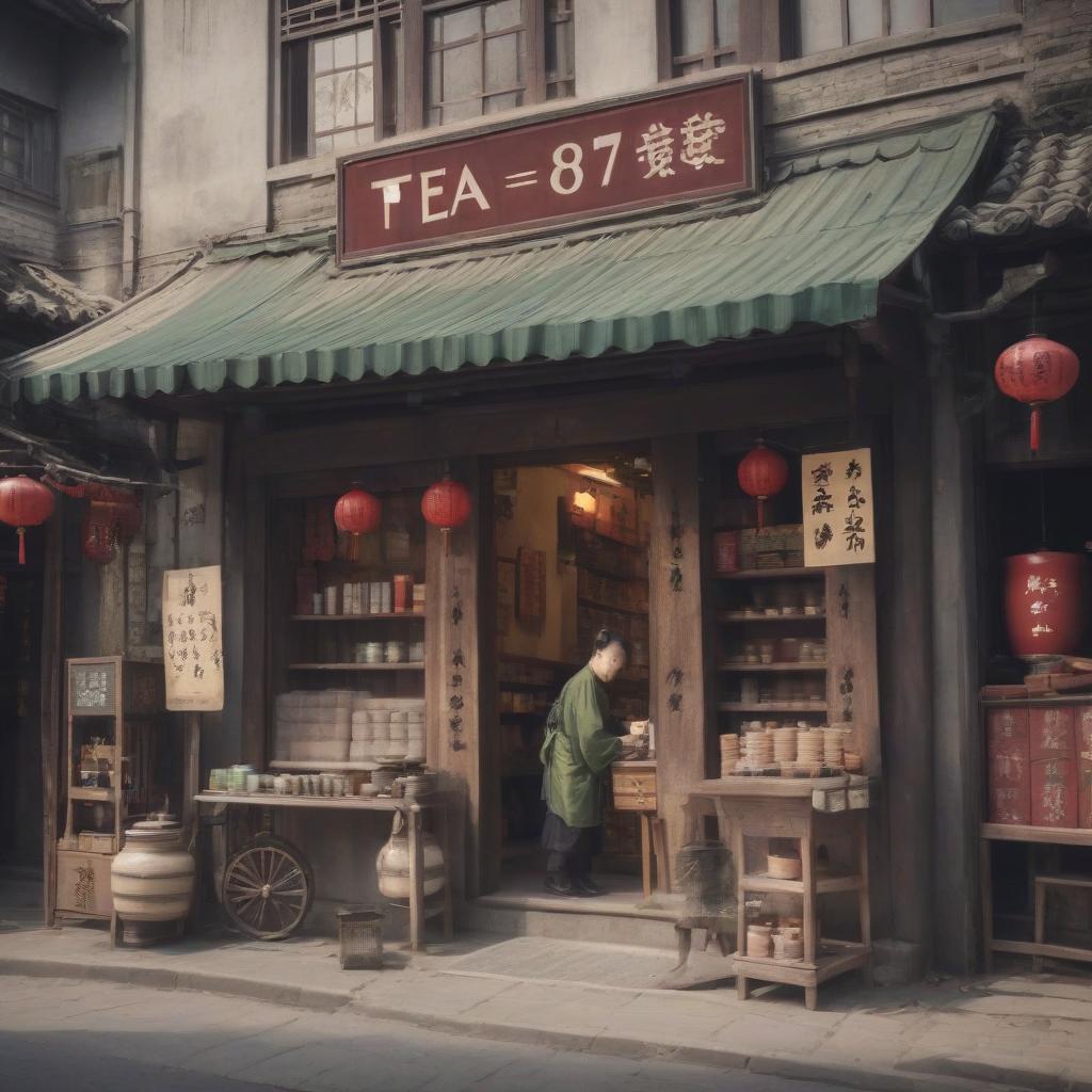  chinese town, tea store, tea ceremony, sign text “tea875”, epic foto, 4k