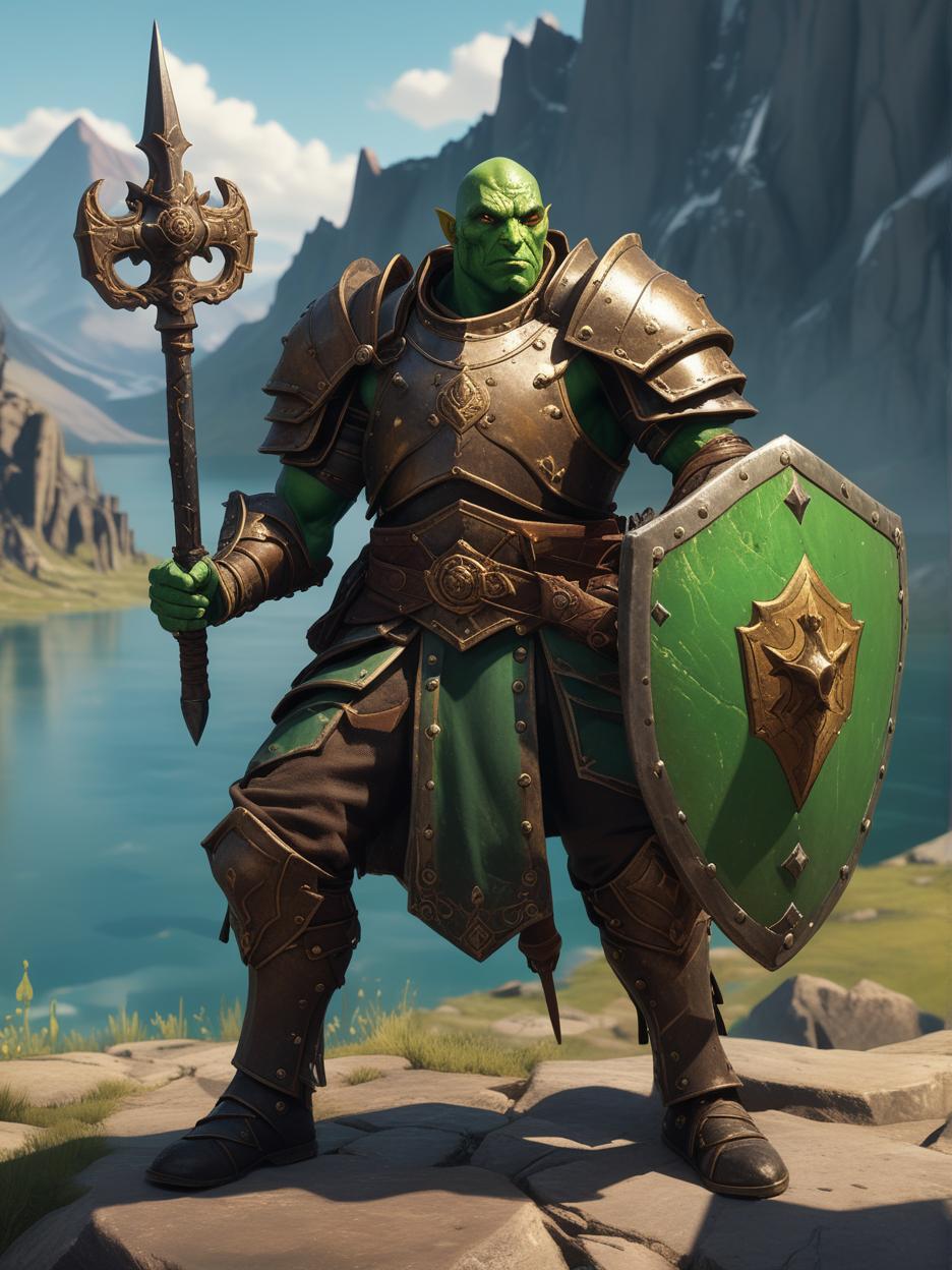  A dnd character, a male githzerai paladin of life, with green skin and big brown freckles, holding a compact iron mace in a hand and a shield with a metal face , with as background a huge mountain illuminated by a golden light and surrounded by a glowing lake