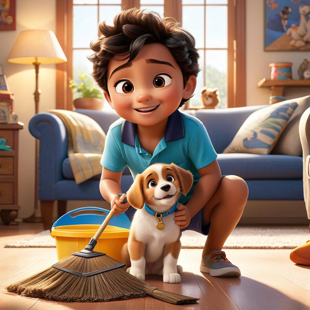  in 3d animated movie style. disney pixar style. nikhil, 7, kind hearted and curious, playful t shirt and shorts. puppy, energetic, shiny collar. mess surprise, rushes with broom, puppy helps clean broken pot. cozy living room, sunlight, broken pot shards, warm shadows. pixar 3d animation, detailed. bright, soft colors, natural light. low angle view, teamwork focus on nikhil and puppy cleaning up.