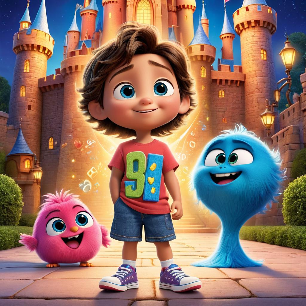  in 3d animated movie style. disney pixar style. caleb, 6, in colorful t shirt, denim shorts, and sneakers, and addie the addition fairy in a dress made of numbers. math monster in robe of math problems. heart of castle, challenge, mischief. high resolution pixar 3d style. bright lights, warm feel. characters in focus, slight upward angle, math monster's intense eyes.