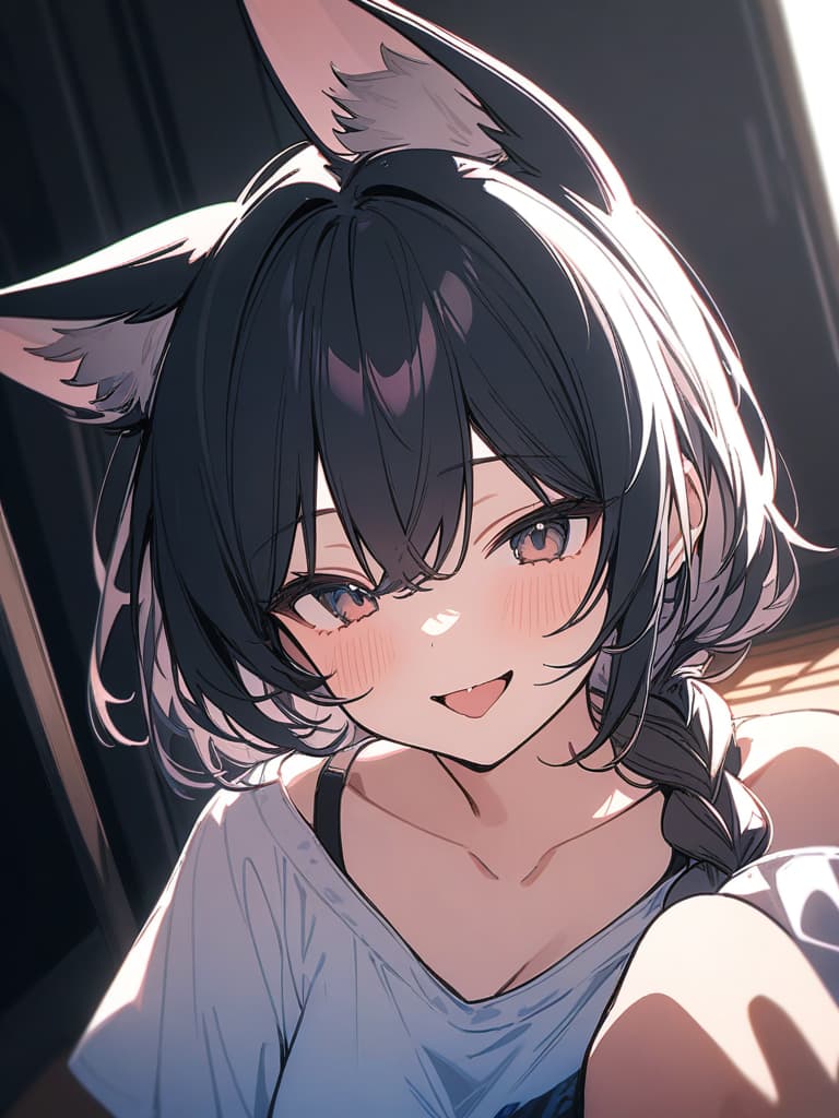  black hair, short hair, smiling, cute, gradation, braid ears, first blue, fox ears, whole body, virtual, vocaloid, tongue pero, masterpiece, best quality,8k,ultra detailed,high resolution,an extremely delicate and beautiful,hyper detail