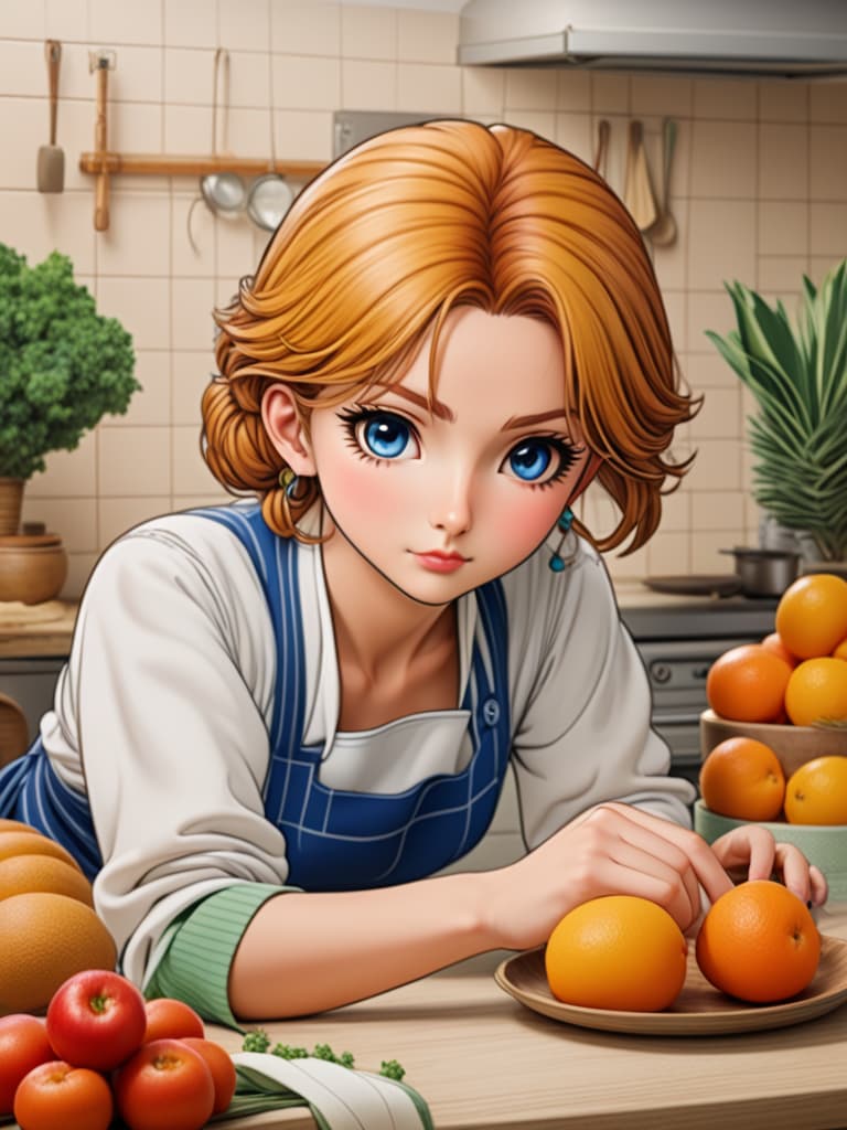  the smell of baking in the kitchen, bread in the oven and fresh fruit and vegetables on the operating table。, anime artwork, anime style, key visual, vibrant, studio anime, highly detailed