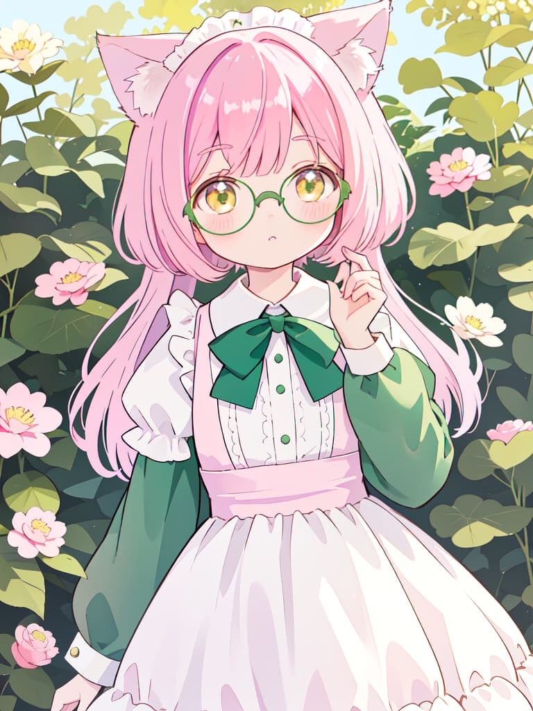  cat ears, green maid clothes, brown eyes, standing picture, round glasses, pink hair bob, no background, masterpiece, best quality,8k,ultra detailed,high resolution,an extremely delicate and beautiful,hyper detail