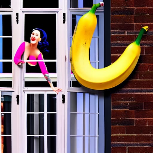 wa-vy style Katy Perry hanging out of a window singing with a banana