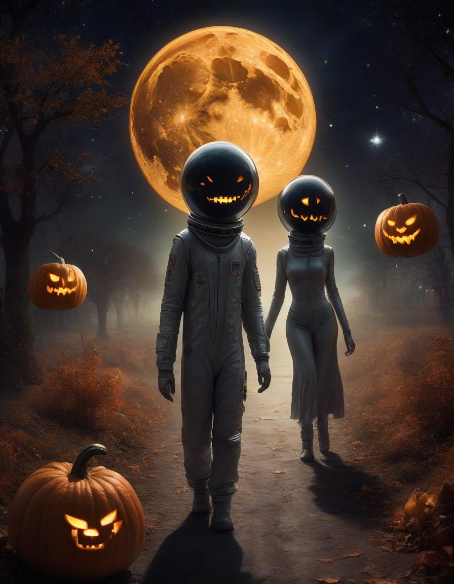  space themed (a man) with a pumpkin instead of a head), with a cut out mouth, nose and glowing eyes and (a woman) with a pumpkin instead of a head), with a cut out mouth, nose and glowing eyes walk hand in hand along an evening autumn alley towards you, the moon and stars in the sky, halloween style . cosmic, celestial, stars, galaxies, nebulas, planets, science fiction, highly detailed