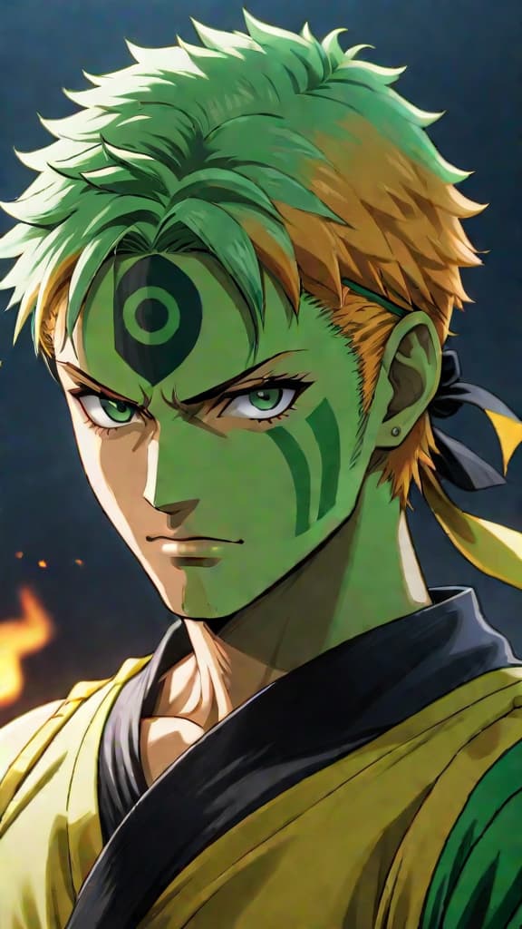  anime art: zoro's left eye reveals a power that could shake the world of one piece. hyperrealistic, full body, detailed clothing, highly detailed, cinematic lighting, stunningly beautiful, intricate, sharp focus, f/1. 8, 85mm, (centered image composition), (professionally color graded), ((bright soft diffused light)), volumetric fog, trending on instagram, trending on tumblr, HDR 4K, 8K