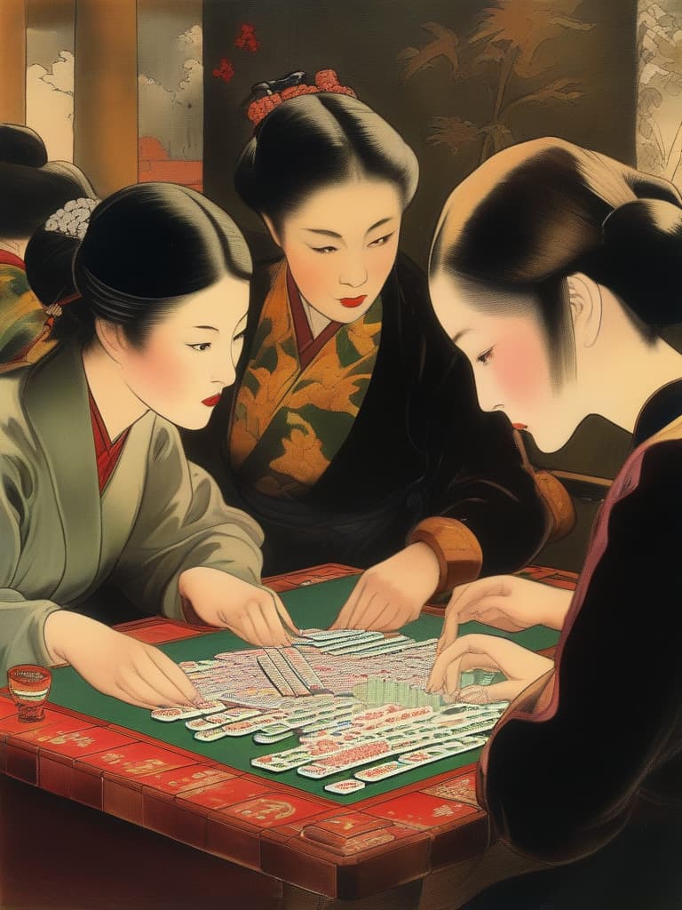  women,around a mahjong table,(((playing mahjong))),