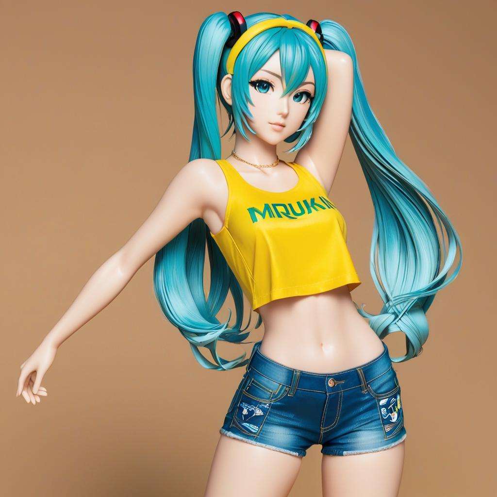  brazilian hatsune miku in a tight yellow crop top, short cutoff jeans, with tan lines and long blue hair, award winning, professional, highly detailed, masterpiece