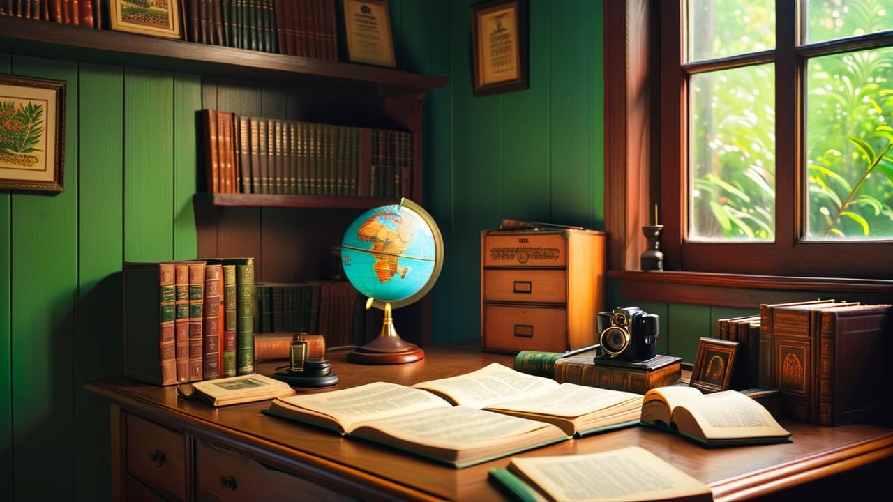  a cozy study filled with colorful stamps from around the world, an antique wooden desk with a magnifying glass, scattered albums, and a globe, surrounded by soft, warm lighting and lush green plants. hyperrealistic, full body, detailed clothing, highly detailed, cinematic lighting, stunningly beautiful, intricate, sharp focus, f/1. 8, 85mm, (centered image composition), (professionally color graded), ((bright soft diffused light)), volumetric fog, trending on instagram, trending on tumblr, HDR 4K, 8K