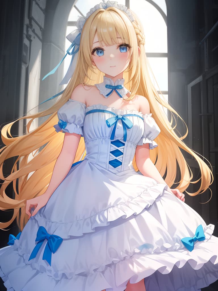  ((half up & drilled hair: 1.5)){cute girl,blonde hair,blue eyes,((half up & drilled hair: 1.5)),wearing white frilly dress},super detailed,high resolution,absurd,adopted,