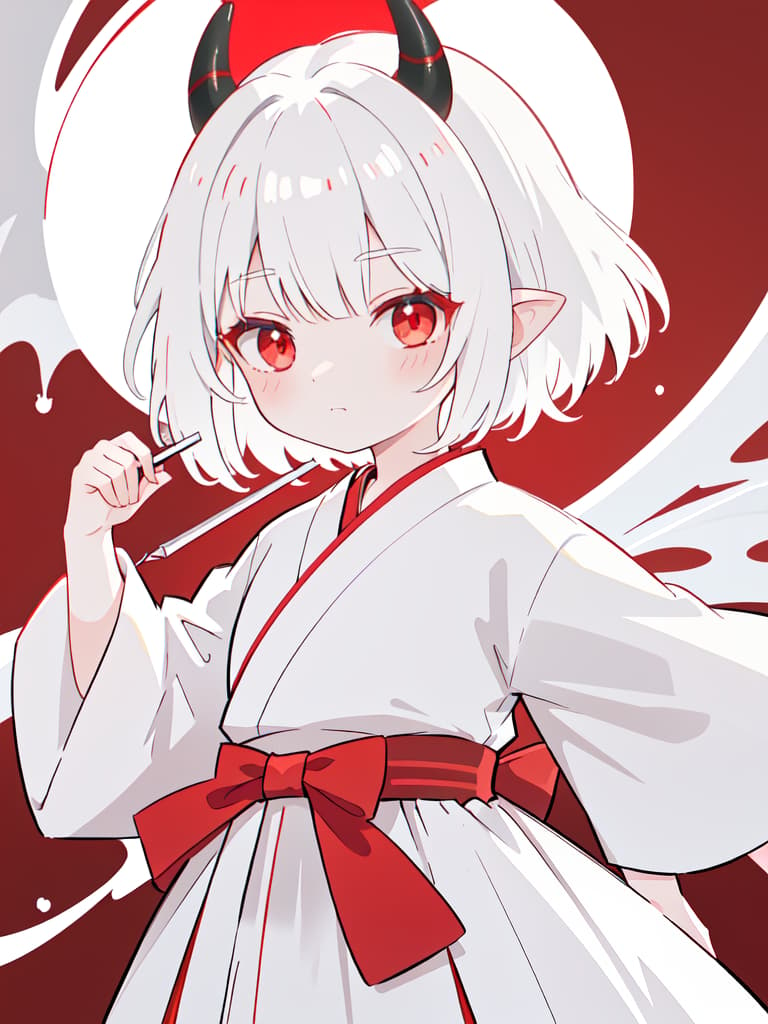  there are horns, girls, sharp ears, hakama, hanging, short hair, white hair, dragon's daughter, red and white hakama, red eyes, black horns, masterpiece, best quality,8k,ultra detailed,high resolution,an extremely delicate and beautiful,hyper detail