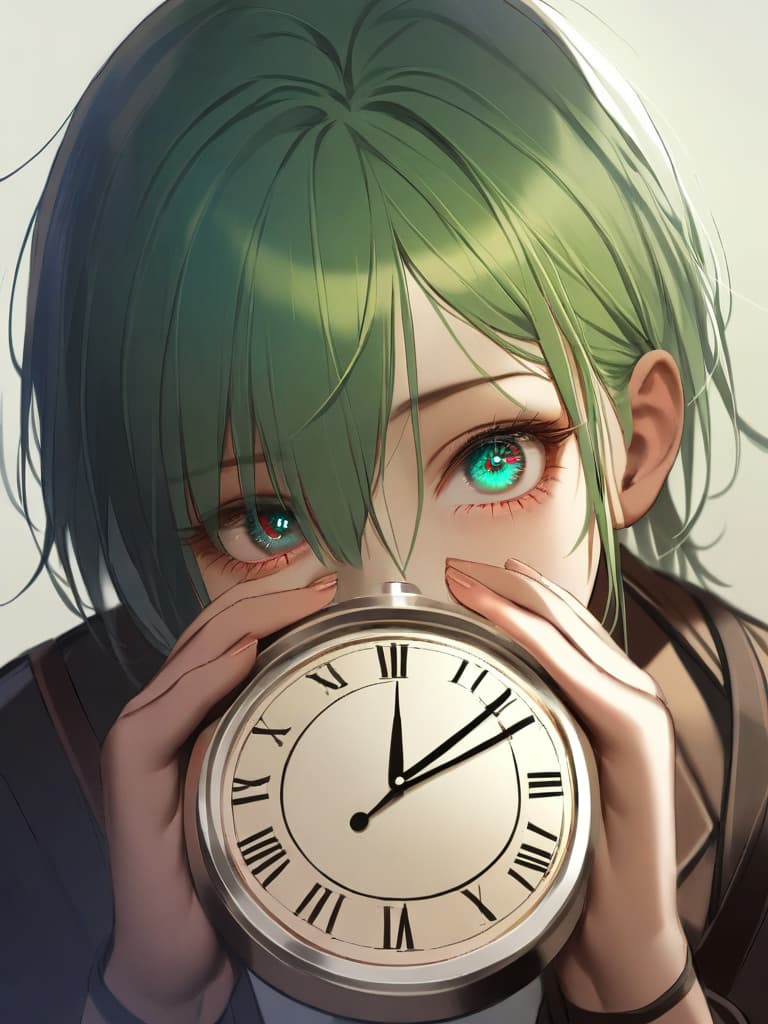  1girl,green hair,(((the clock is my eye:1.8))),(((in your eyes the clock is ticking:1.8))),realistic