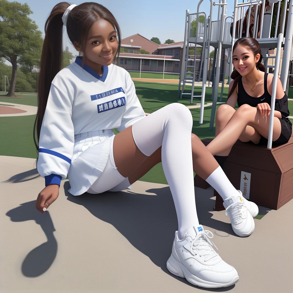  Masterpiece, best quality, draw a uniform long-faced college girl (mature looks), smile , realistic, single ponytail, brown skin, wearing white over-knee stockings and white sneakers, behind is the playground of the campus, she reaches out to you, 8k resolution and complex details