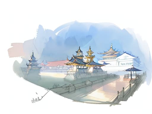  scene, sketch, watercolor, 4k, art, sign, smooth, golden pagodas,