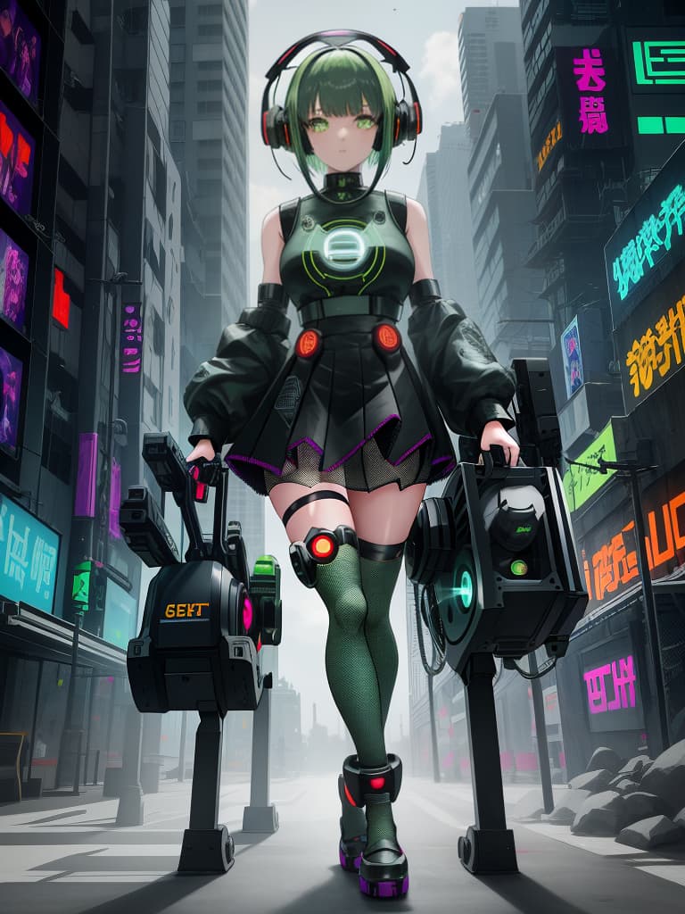  cyberpunk mecha girl bangs fishnet socks fish net fishnet fishnet thighhhighs mini skirt skirt skirt skirt skirt psycho high socks (headphones) short hair beast beast green hair milk face each woman circular saw circular saw cyborg machine's arm (multiple) pile bunker prosthesis prosthesis science fiction single gauntlem