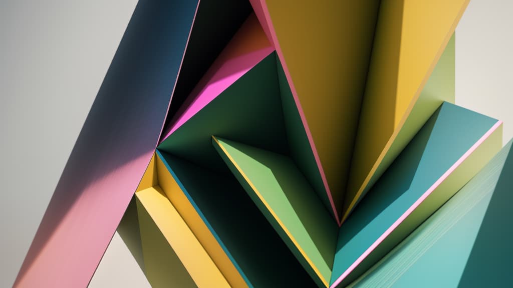  modern, abstract art piece featuring a combination of vertical lines and geometric shapes. the layout includes a series of vertical, multicolored lines that create a sense of depth and texture. the background consists of a gradient of green and yellow hues, resembling a field, with white spherical shapes distributed throughout, adding a three dimensional effect. in the foreground, there are pink and blue triangular forms that appear to be rising from the bottom, contributing to the layered composition. the overall style is contemporary and visually dynamic, with a focus on color contrast and spatial arrangement.