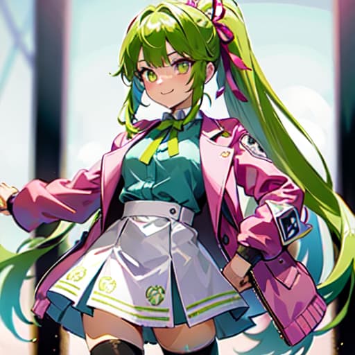  master piece , best quality,1 girl,long hair,ponytail tied pink ribbon,lime green hair,blunt bangs with long locks,lime green eyes,light blue shirt,pink short jacket,open clothes,yellow short skirt,pink thighhighs,smile