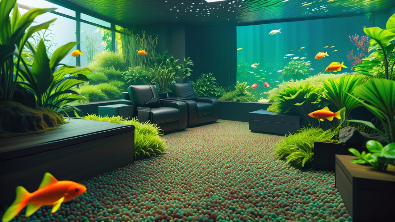  a serene aquarium scene with vibrant fish swimming among lush green plants, a gentle filtration system bubbling, and a cozy room setting with soft ambient lighting, evoking tranquility and a connection to nature. hyperrealistic, full body, detailed clothing, highly detailed, cinematic lighting, stunningly beautiful, intricate, sharp focus, f/1. 8, 85mm, (centered image composition), (professionally color graded), ((bright soft diffused light)), volumetric fog, trending on instagram, trending on tumblr, HDR 4K, 8K