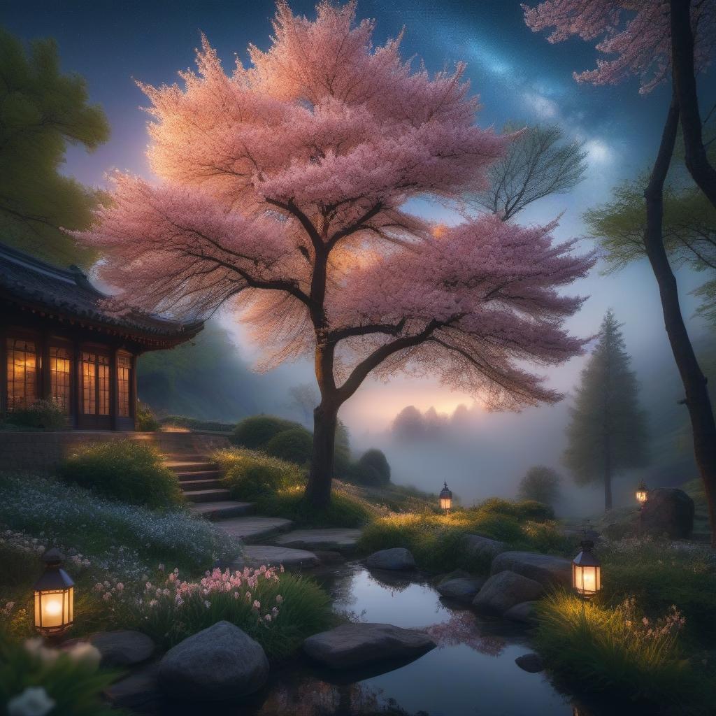  A spring evening with beautiful lights and stars, a magnificent landscape hyperrealistic, full body, detailed clothing, highly detailed, cinematic lighting, stunningly beautiful, intricate, sharp focus, f/1. 8, 85mm, (centered image composition), (professionally color graded), ((bright soft diffused light)), volumetric fog, trending on instagram, trending on tumblr, HDR 4K, 8K