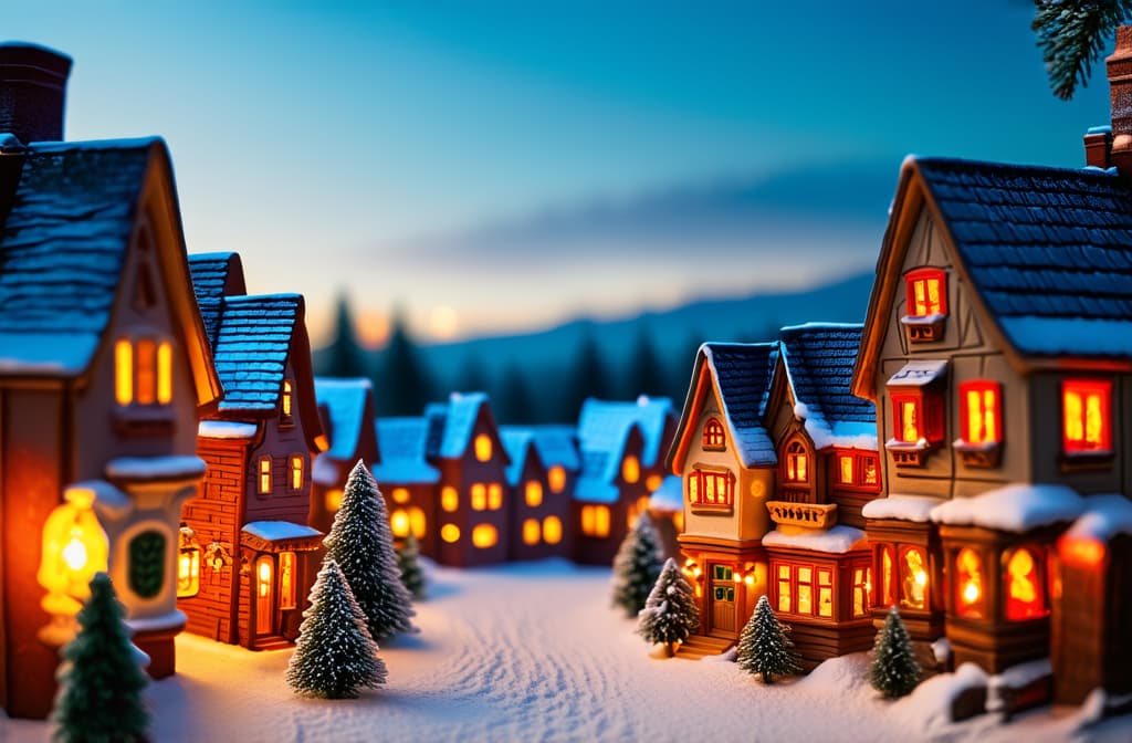  professional detailed photography, christmas miniature scene of cozy town with festive buildings, lights,bokeh, lantern decorations.new year, xmas background.winter magical card. wanderland. holidays template ar 3:2, (muted colors, dim colors, soothing tones), (vsco:0.3)