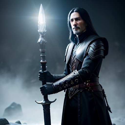  A wizard, D&D, ice mage, necromancer, in black clothes, spent 10 years in prison, armed with a truncheon and a sword. hyperrealistic, full body, detailed clothing, highly detailed, cinematic lighting, stunningly beautiful, intricate, sharp focus, f/1. 8, 85mm, (centered image composition), (professionally color graded), ((bright soft diffused light)), volumetric fog, trending on instagram, trending on tumblr, HDR 4K, 8K