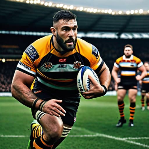  An ultra high resolution side-on view photograph of a professional Castleford Tigers rugby league player with realistic face, realistic eyes, realistic skin, best quality, with a rugby ball in his hands diving to the ground to score a try, during a rugby league match. , with a cheering crowd hyperrealistic, full body, detailed clothing, highly detailed, cinematic lighting, stunningly beautiful, intricate, sharp focus, f/1. 8, 85mm, (centered image composition), (professionally color graded), ((bright soft diffused light)), volumetric fog, trending on instagram, trending on tumblr, HDR 4K, 8K