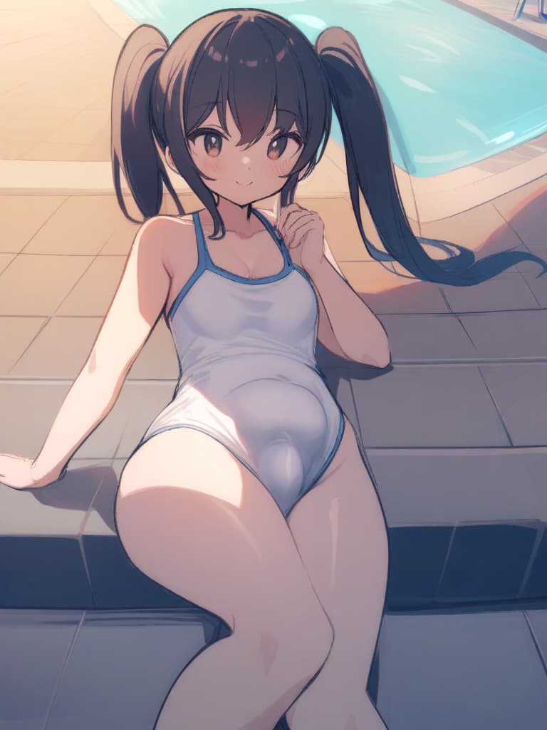  women's elementary , twin tails, cute smiles, rich s, low stature, dark blue swimwear, old swimwear, , simple, male, shaped clear penalties, shaped clear philosophy, shaped clear man (bulge) front, whole body, pool side,