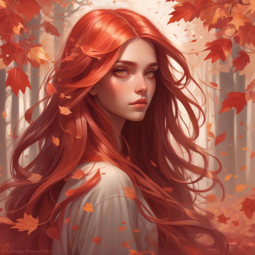  concept art girl with super long hair, hair becoming autumn red leaves, digital painting, detailed eyes, art by artgerm and greg rutkowski and alphonse mucha . digital artwork, illustrative, painterly, matte painting, highly detailed