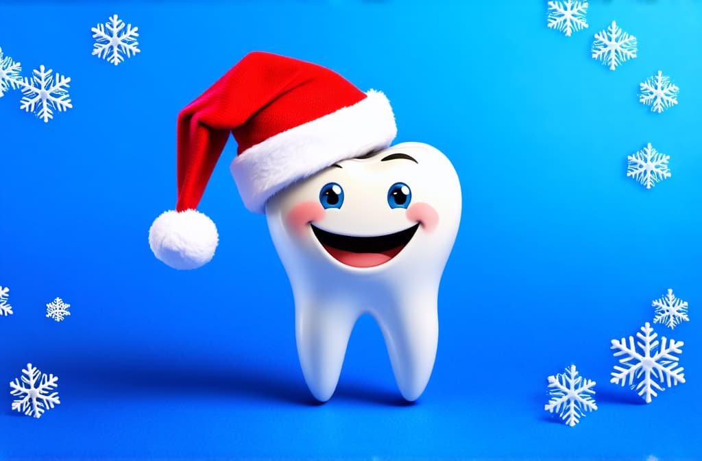  advertising style, stock photo, corporate branding style white smiling tooth in santa's hat against blue background with many white small snowflakes ar 3:2 . professional, clean, modern, product focused, commercial, eye catching, minimalist, business oriented, highly detailed