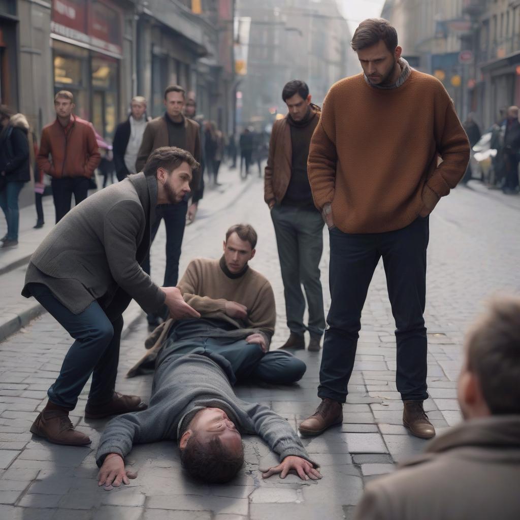  a man with pants and a sweater became ill on the street, he fell. around him, six curious people gathered, all looking at the fallen, want to help, but do not know how. good faces, good hands