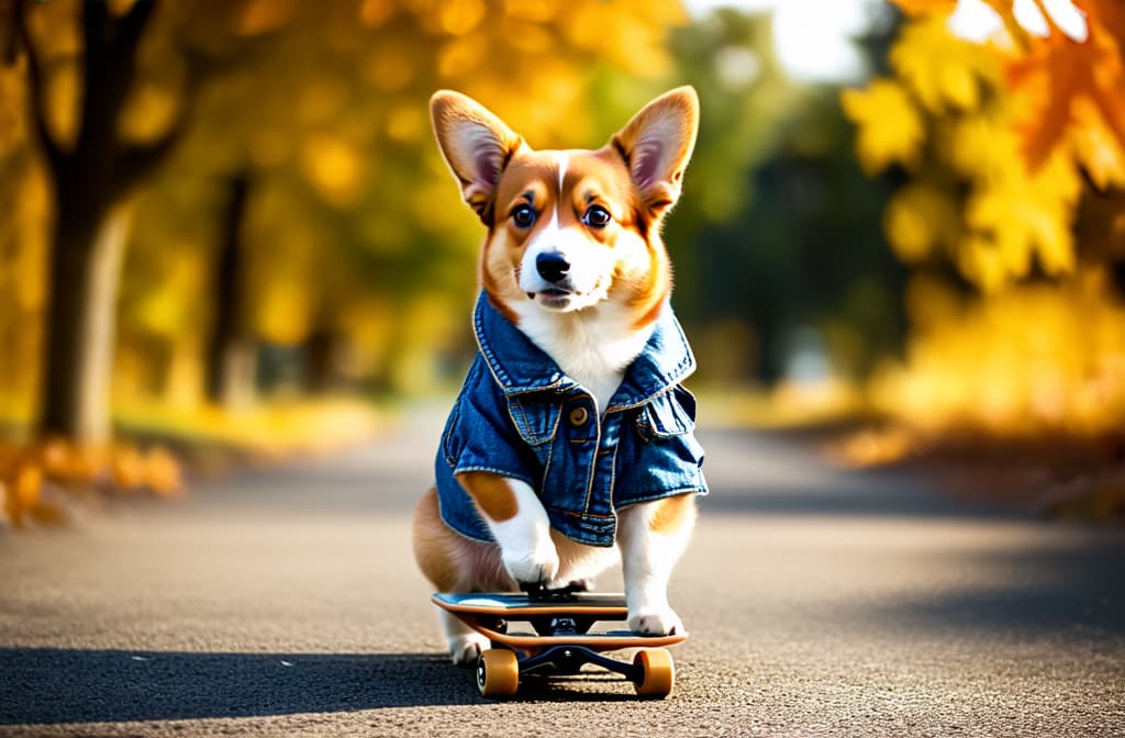  cinematic film style, a corgi puppy stands with four paws on a platform skateboard on an asphalt path in an autumn park in a denim sleeveless jacket , shallow depth of field, vignette, maximum details, high budget hollywood movie, bokeh, cinemascope, moody, epic, gorgeous, sun rays and shadows on furniture and surfaces, flattering light, raw photo, photography, photorealistic, 8k resolution, f1.4, sharpened focus, sharp focus