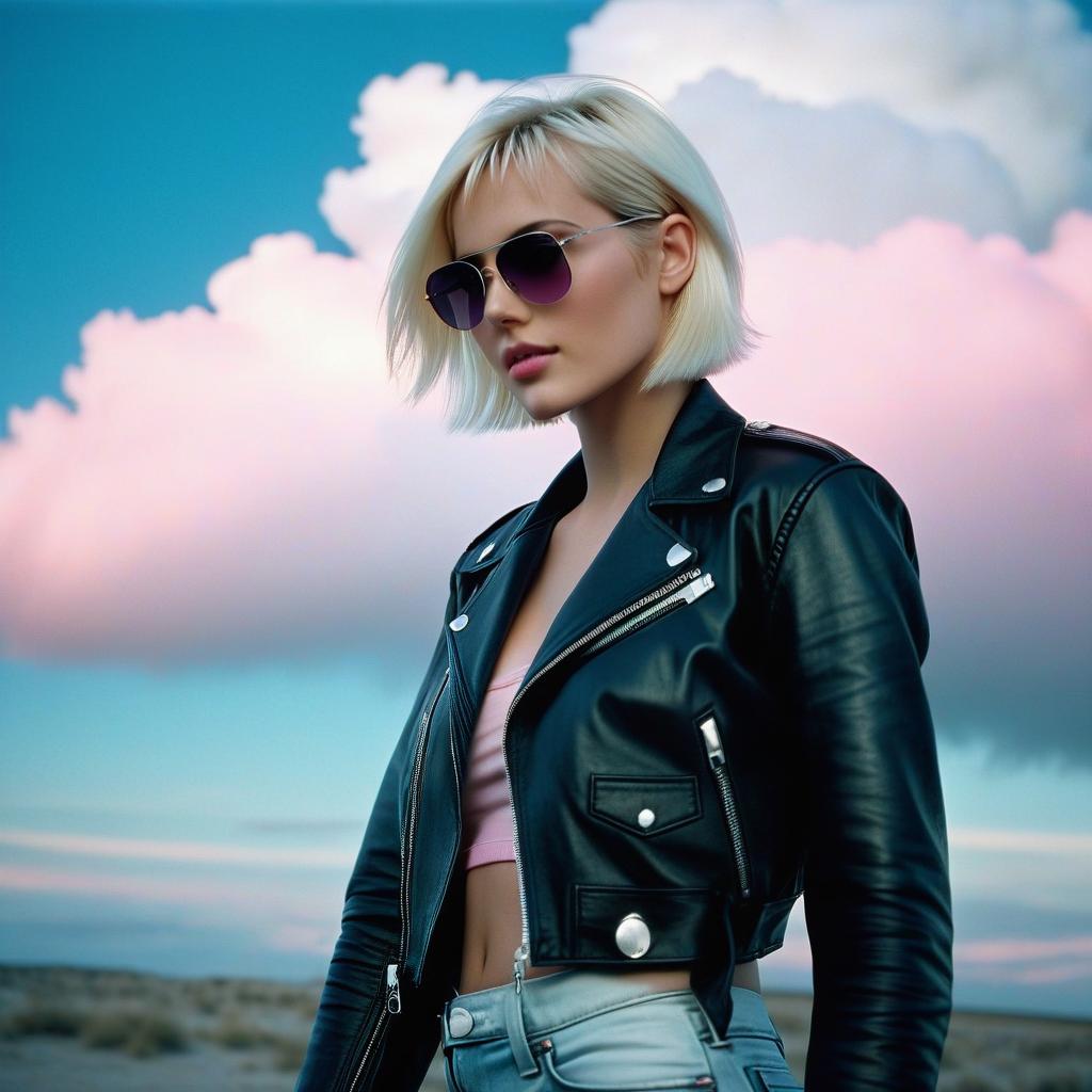  analog film photo the girl is a platinum blonde between the real and virtual worlds, a short haircut, blue eyes, light skin, black leather jacket, wide jeans, pink and white shades, light fog, soft lighting, long angle, full height, stands with her back to the camera, looks to the side, touches the cloud with her hand. . faded film, desaturated, 35mm photo, grainy, vignette, vintage, kodachrome, lomography, stained, highly detailed, found footage