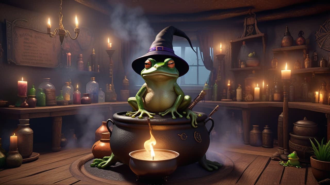  a picture of a witch themed karaoke room. decor should have candles, cauldrons, misty smoke, potions. include a single stage at the back. include a frog sitting on a caldron, high quality, high details, hd, perfect composition, 4k epic detailed, highly detailed, sharp focus, high resolution