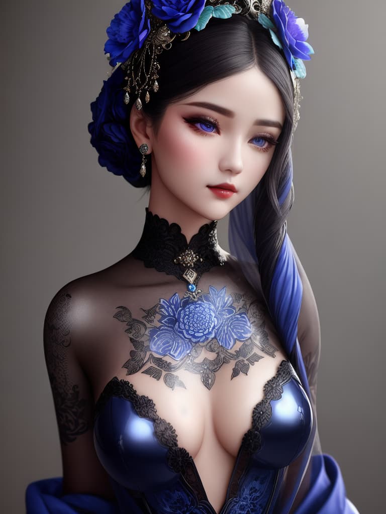  Close-up porcelain female figurine, looking to the camera, glossy surface, glaze, shiny, blue floral tattoos on her, dark gradient background, baroque dark style, hyperrealistic, CG society, intricate details