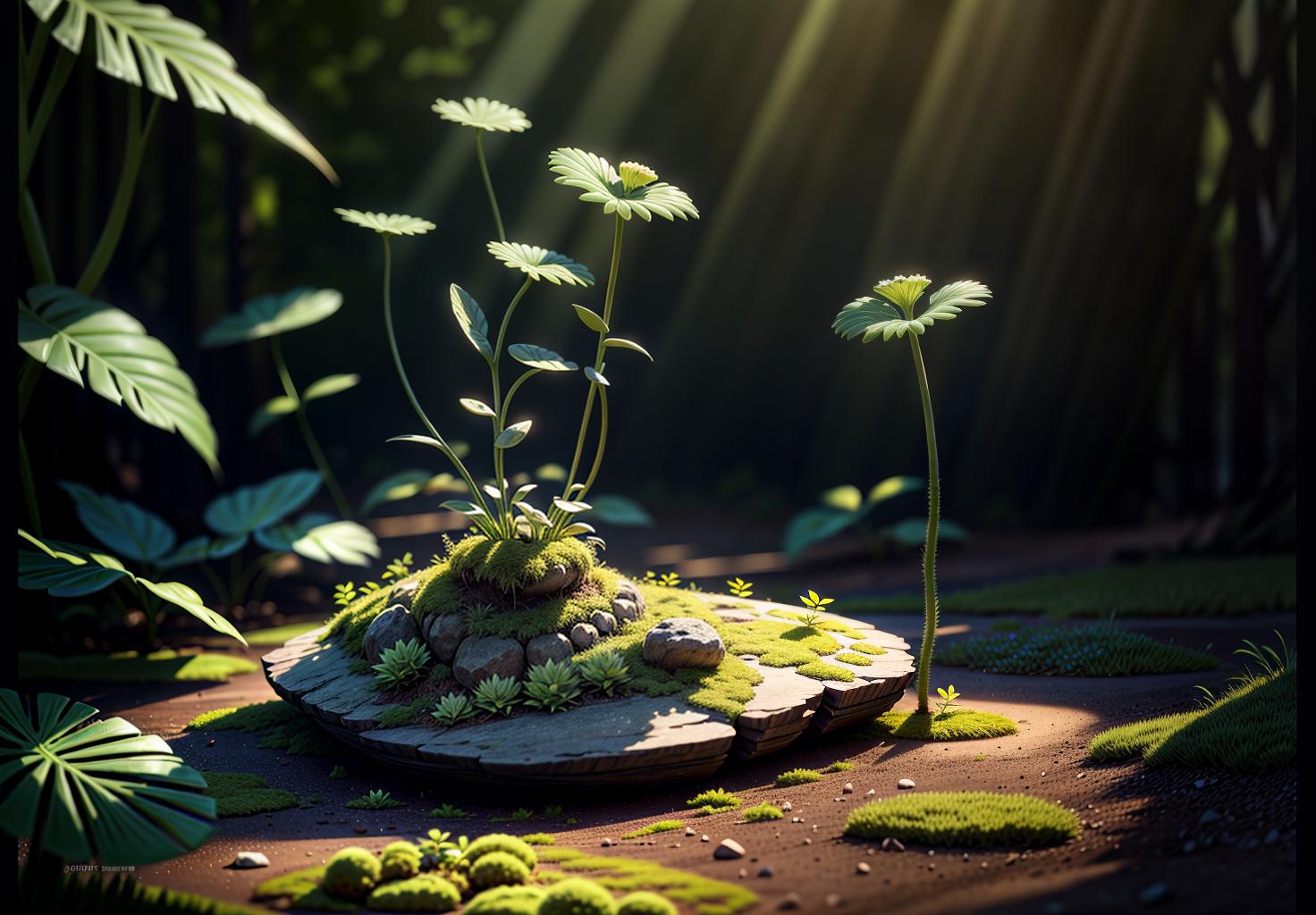  best quality, high resolution, perfect lighting, (extremely fine cg: 1.2), 32k, (green plant artform, solo:1.5), flower, meadow, forest, spring, blooming flowers, moss microlandscape, green, simple, clean bright background, light tracing, natural light, c4d, oc render, (masterpiece:1.2),