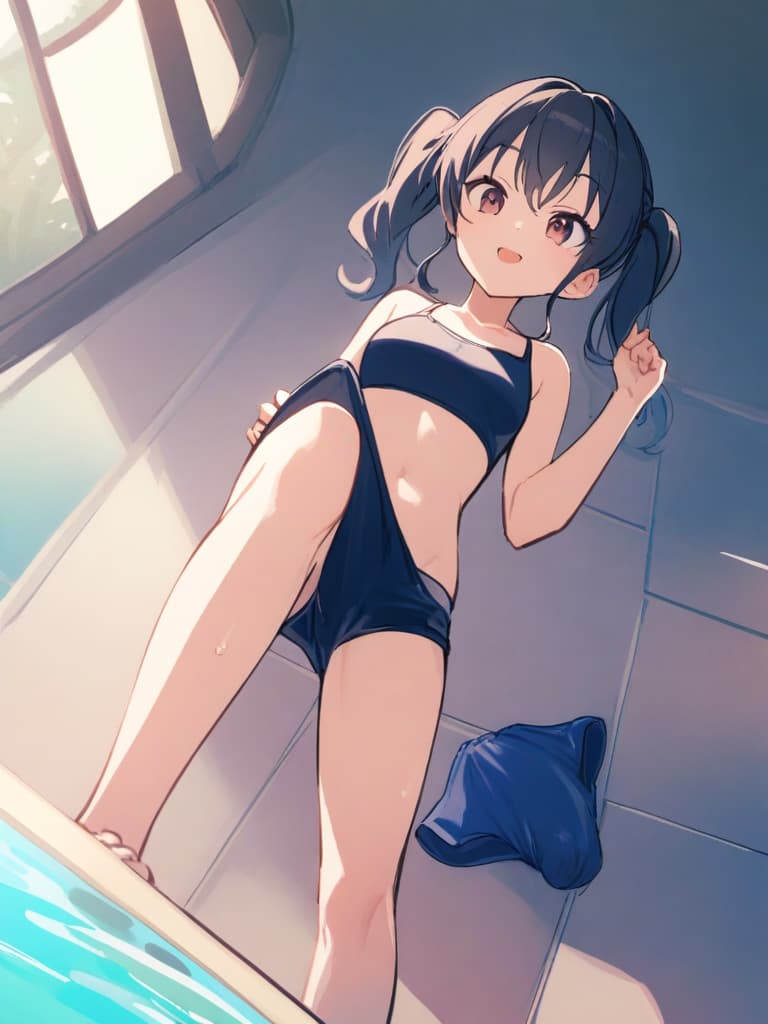  women's elementary students (male), twin tails, cute smiles, (rich s), short stature, dark blue swimwear, old swimwear, swimwear, simple, (upward), upward, (bulge), front, whole body, pool side ,,,