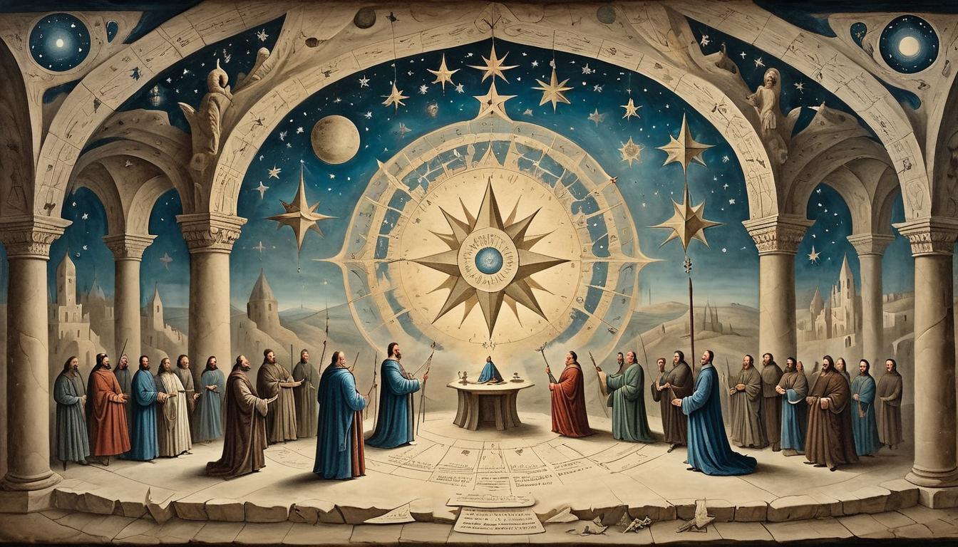  on parchment, surrealism+++, magnificent chamber adorned with stars, council of figures, deeply influential discussions, mystical ambiance, star chamber(mysterious, provocative, symbolic,muted color)+++