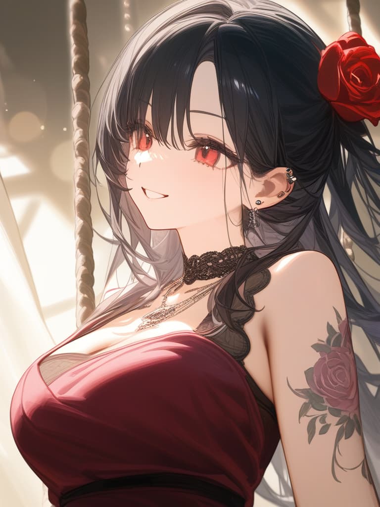  long hair, black hair, hair tips are pink, red eyes, hanging, bangs, and length of bangs, smiles, adults, adult faces, piercings, necklaces, black lace clothes, red rose tattou on arms in contained, thin makeup, rose tattoo on the arm, pink and black hair, masterpiece, best quality,8k,ultra detailed,high resolution,an extremely delicate and beautiful,hyper detail